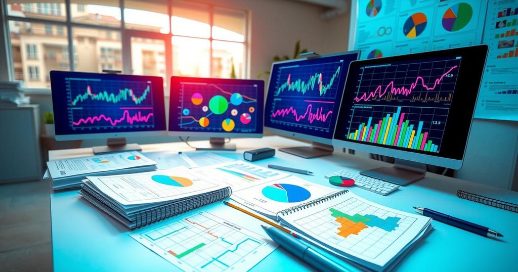A digital illustration showing research papers, graphs and AI models in a vibrant academic setting, showcasing innovation.
