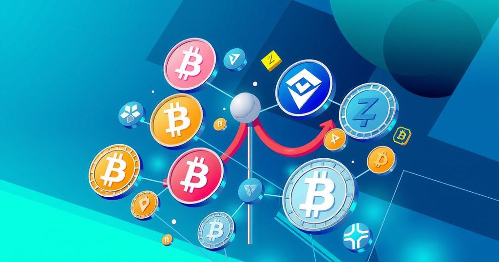 A digital representation of cryptocurrency symbols with a modern regulatory concept in bright blue and green colors.