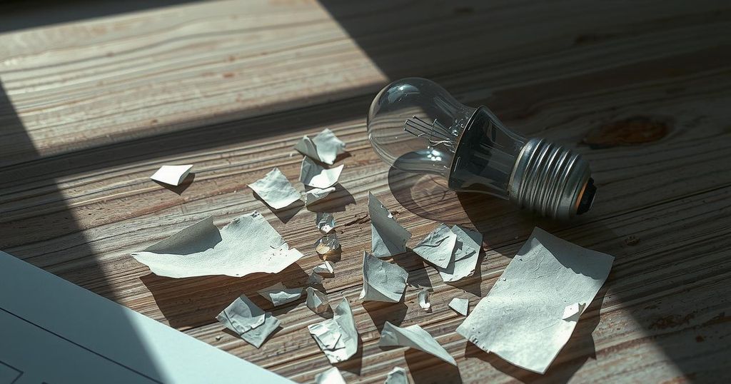 A somber image depicting a broken lightbulb, symbolizing failed startups, with a muted color palette for impact.