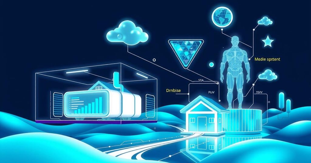 A digital representation of futuristic real estate technology in a sleek design with data visuals and smart home elements.