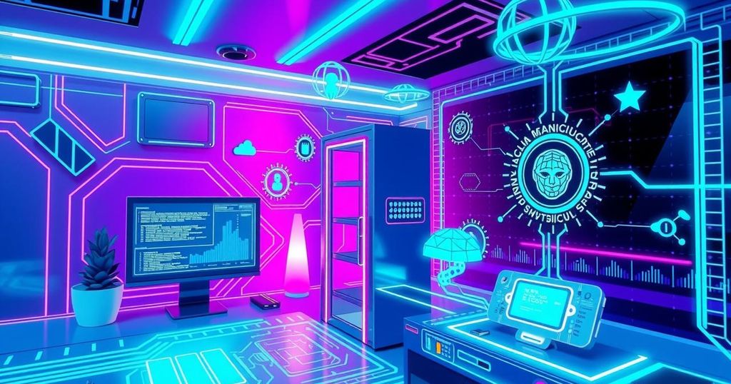 A digital workspace depicting a futuristic A.I. concept with vibrant colors and abstract tech elements.