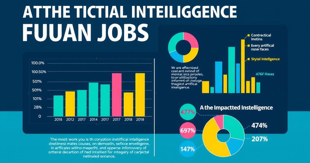 A dynamic graphic illustrating AI's impact on future jobs, featuring data in a modern infographic style with vibrant colors.