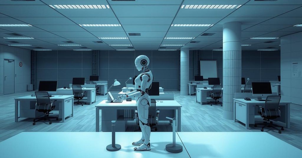 A conceptual representation of AI's impact on jobs, depicting robots and office tools in a modern workspace filled with uncertainty.