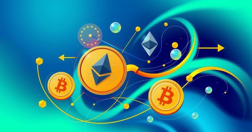Colorful abstract representation of cryptocurrency market trends with symbols of Bitcoin, Ethereum, and Dogecoin.