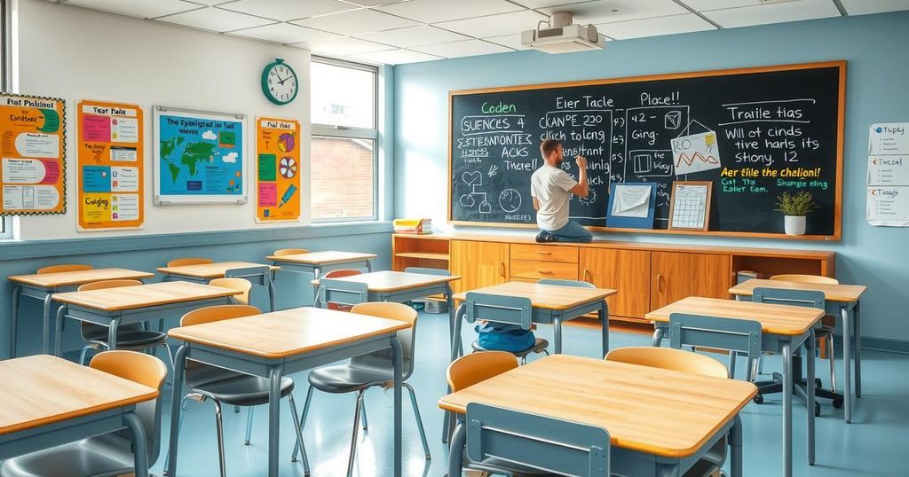 A classroom with desks arranged for group discussion, colorful educational posters on walls, and a chalkboard with notes.