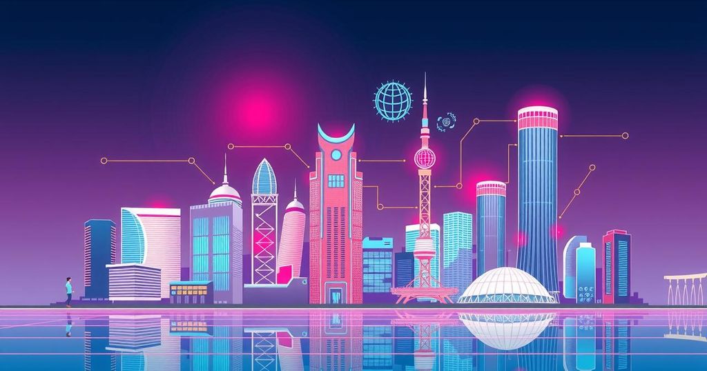 AI revolution in government: digital tools, futuristic city skyline, bright color scheme, modern technology theme.