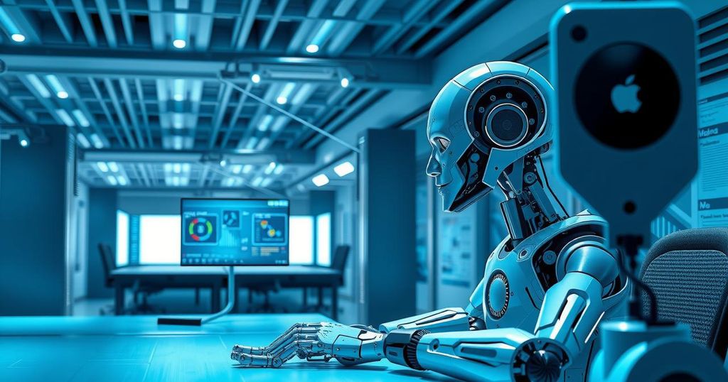 A visually engaging representation of AI transforming work processes in a tech environment with futuristic elements.