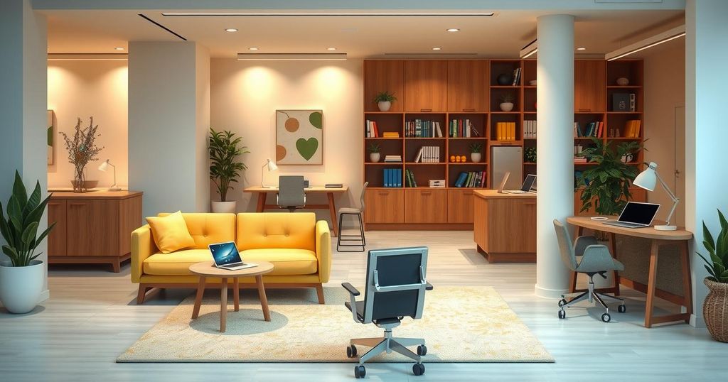 A modern workspace with digital devices and an inclusive design, showcasing AI technology for seniors.