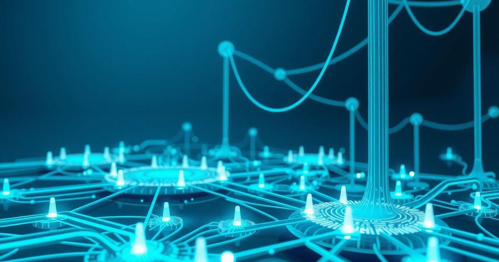 A conceptual AI interface showing circuits and glowing nodes representing safe and honest AI development.