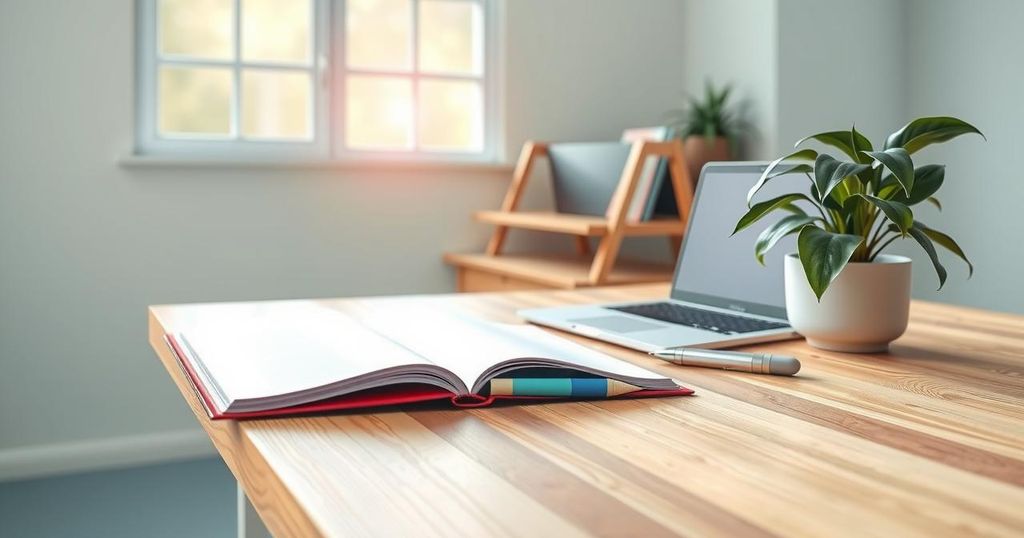 A wooden classroom desk with an open notebook, a laptop and a potted plant, illustrating the theme of education and technology.