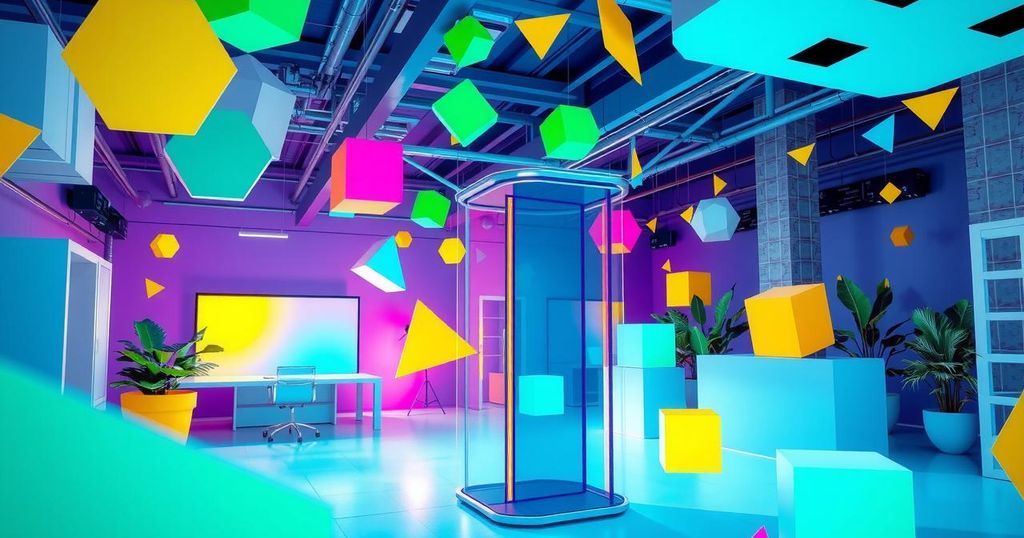 Vibrant startup scene with geometric shapes representing innovation in artificial intelligence and technology.