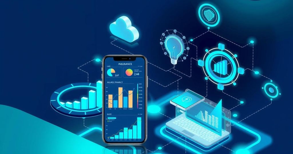 A digital transformation scene in insurance technology, featuring elements like analytics, AI, and IoT devices.