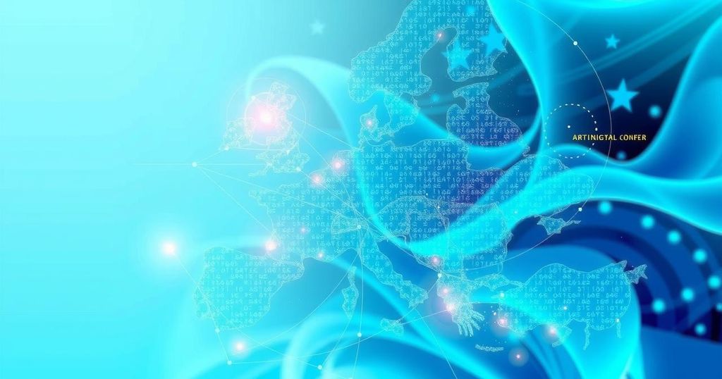Illustration of futuristic technologies shaping Europe, featuring digital twin concepts and AI with a vibrant abstract style.