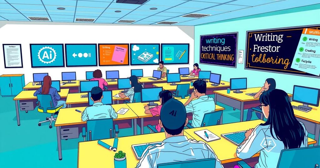 Creative classroom scene showcasing students engaging with technology and AI tools while learning rhetoric and writing.