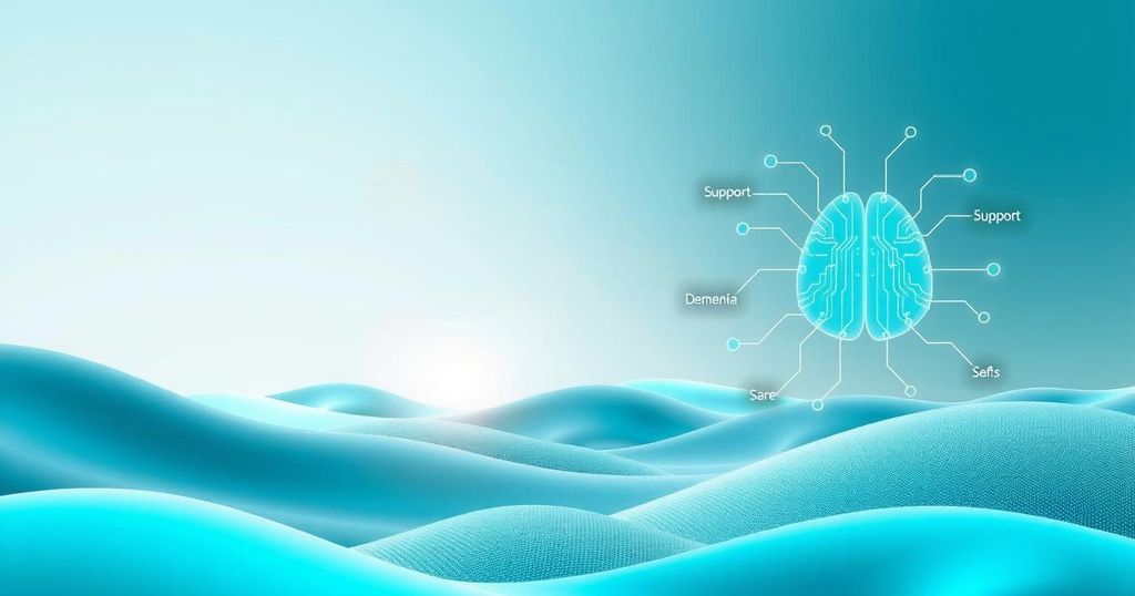 A serene digital landscape representing innovation in dementia care, with abstract elements of technology and support.