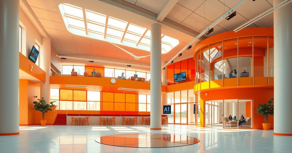 Silicon Valley AI Hub represents innovation and collaboration, showcasing modern architecture and vibrant design in warm hues.
