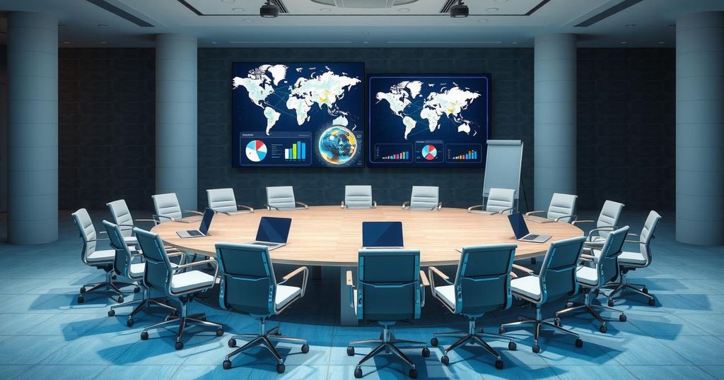 Round table discussion on artificial intelligence with technology elements and a collaborative atmosphere.