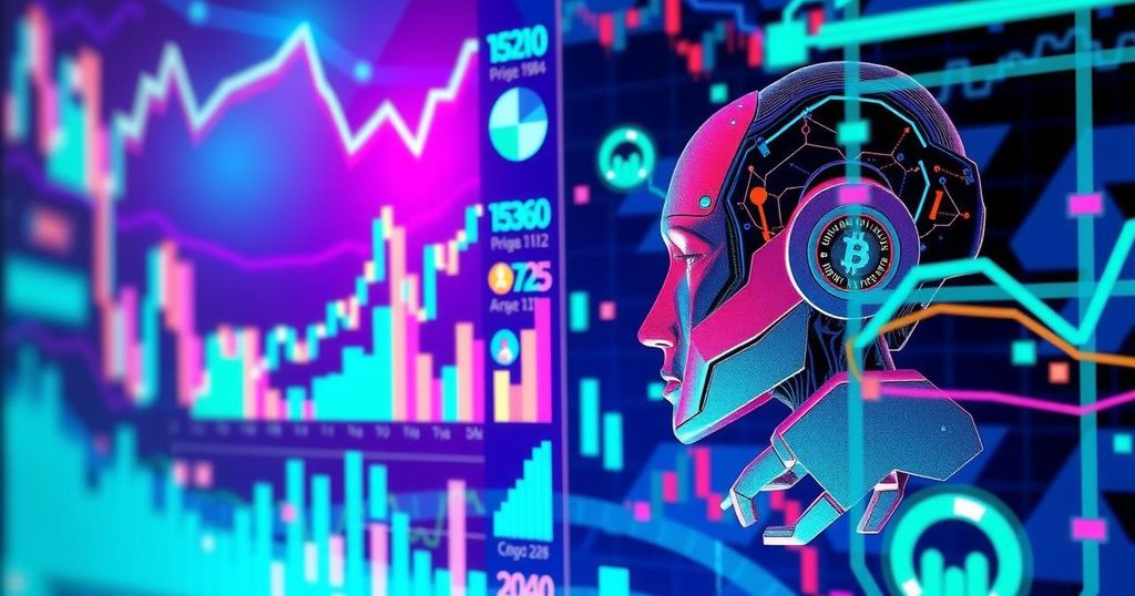 Abstract representation of AI analyzing cryptocurrency prices, featuring digital graphs and neon colors.