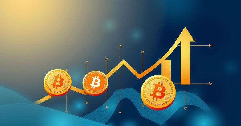 Conceptual illustration of Bitcoin volatility and market analysis with geometric shapes in blue and gold hues.