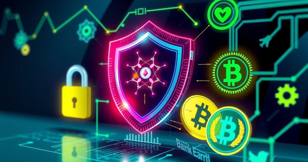 A visual representation of cybersecurity threats, featuring digital shields, malware icons, and crypto symbols in bold colors.