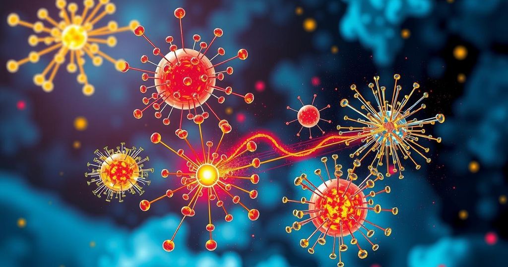 Subatomic particle decay scene with kaons and pions, vibrant colors, in a realistic scientific illustration style.