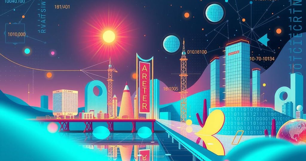 Overview of AI start-ups raising significant investment in 2024 with tech elements and vibrant color scheme.