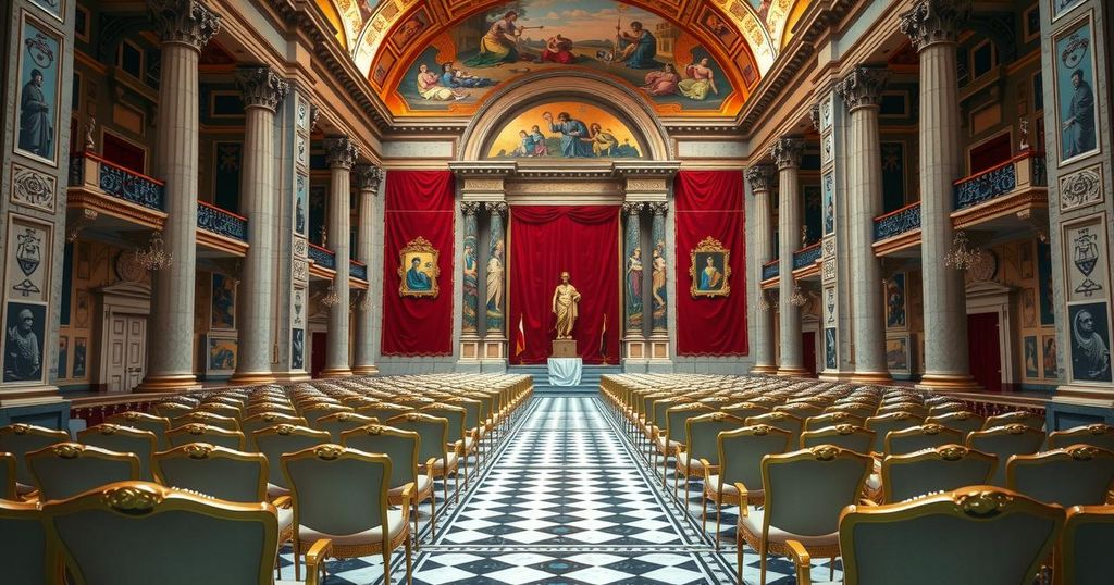 Vatican interior with a grand hall setup for a summit on AI ethics, featuring empty chairs and a large ornate backdrop.