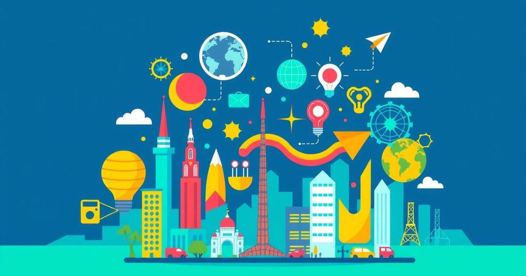A vibrant illustration of India’s bustling startup ecosystem with tech symbols and city skylines in bright colors.