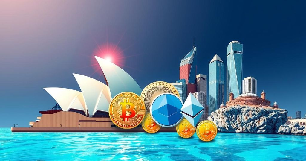 A digital representation of cryptocurrency coins against a backdrop of Australian motifs, symbolizing crypto tax evolution.