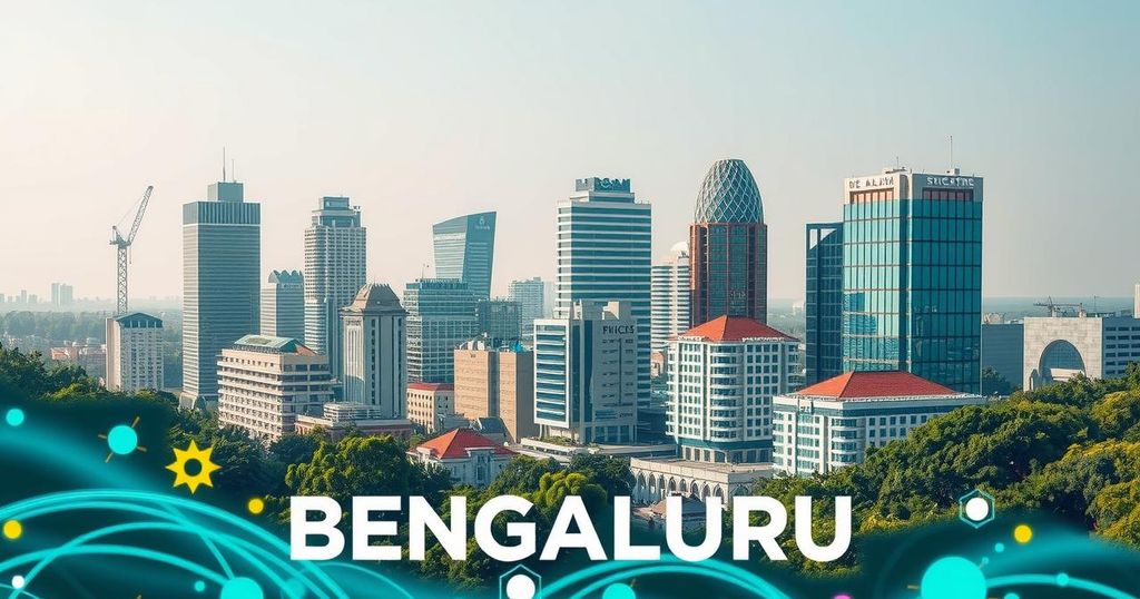A vibrant city skyline featuring modern buildings representing Bengaluru's startup culture and tech innovation.