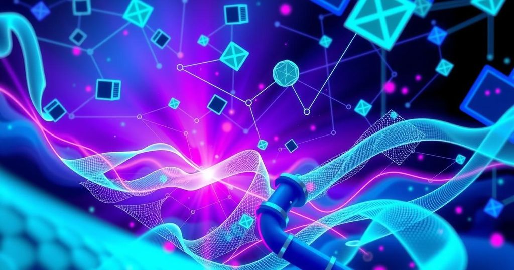 A vibrant digital landscape reflecting blockchain technology advancements with neon colors and abstract geometric forms.