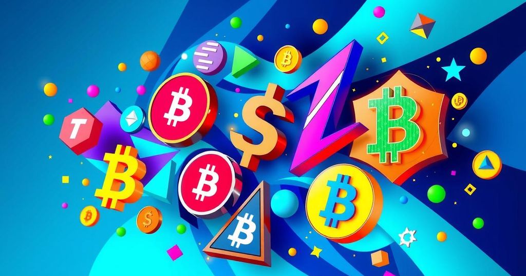 Abstract representation of cryptocurrencies and regulatory shifts with dynamic colors and geometric shapes.