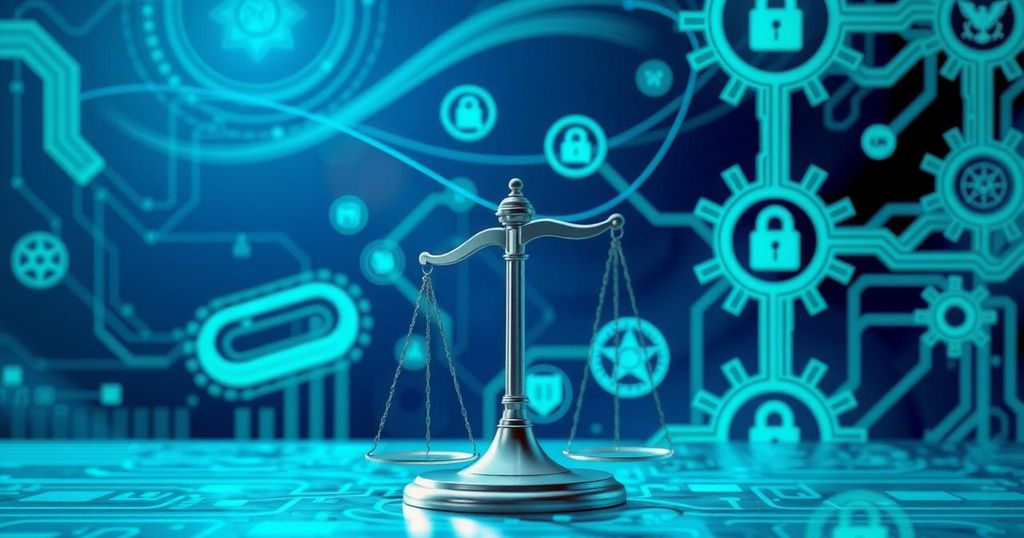A conceptual illustration of AI regulation in Australia, featuring symbolic motifs of technology and governance.