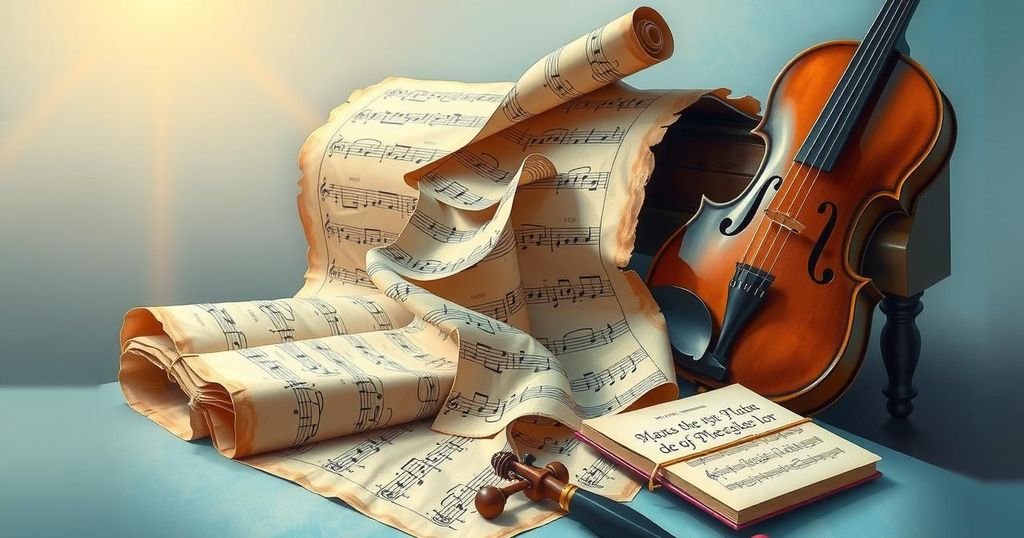 A digital illustration of musical notes and classical instruments symbolizing algorithmic music creation.