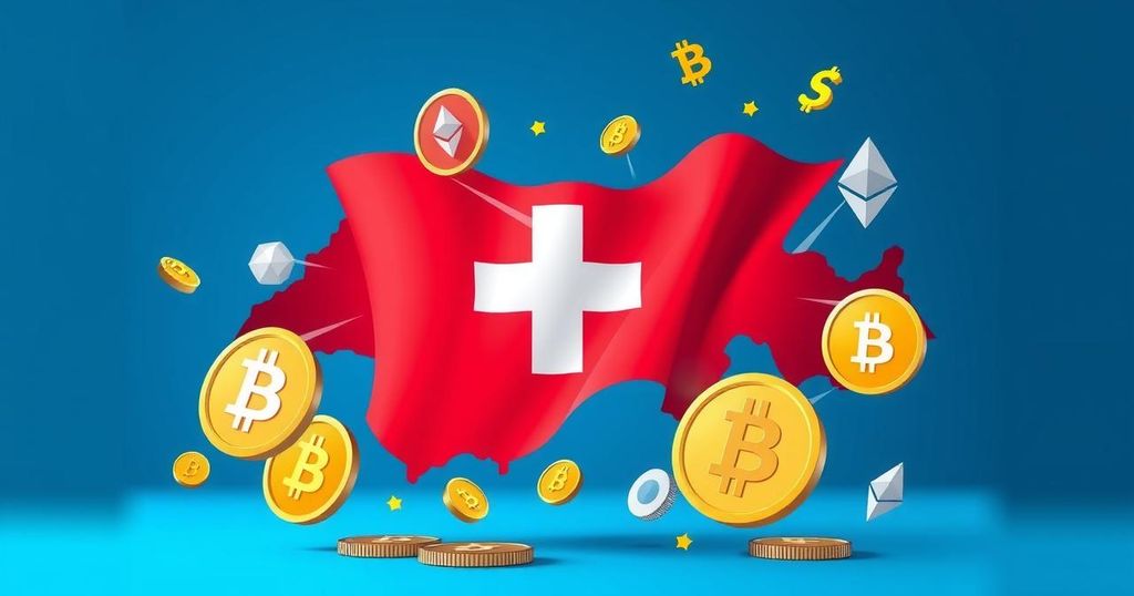 Switzerland's flag with cryptocurrency symbols, showcasing international cooperation in digital finance with vibrant colors.