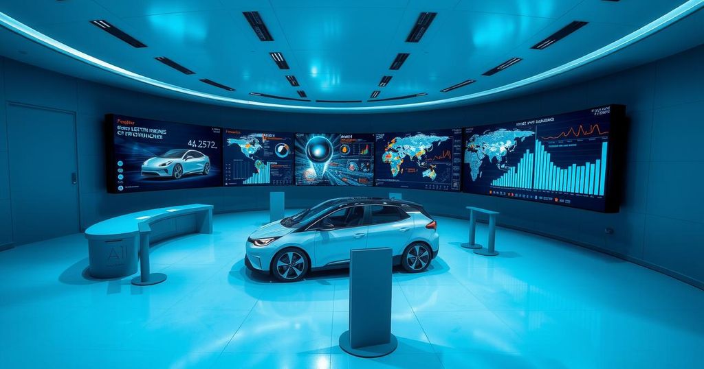 A futuristic conference room with high-tech screens displaying AI and electric vehicle innovation concepts.