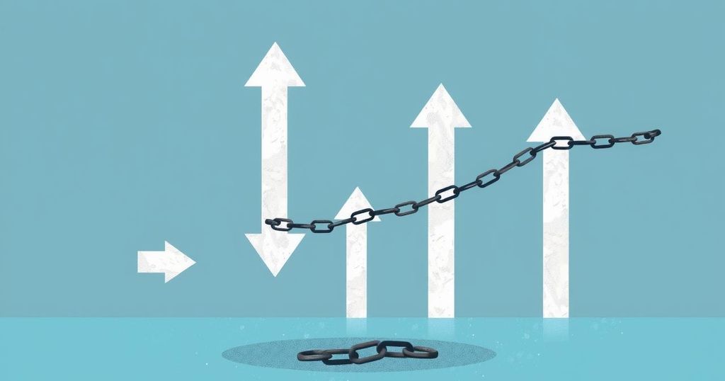 Abstract representation of financial uncertainty with down arrows and broken chains in cool tones, illustrating market decline.