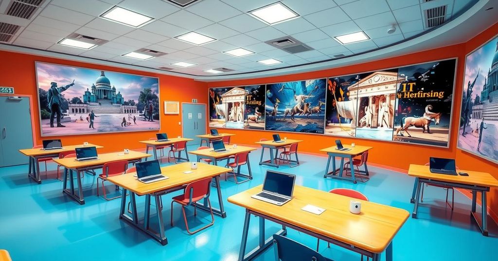 Educational tools enhancing learning in a futuristic classroom with AI technology and interactive elements.