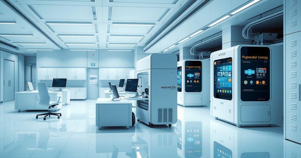 A futuristic office scene with AI technology integration, showcasing efficiency and automation in a corporate setting.