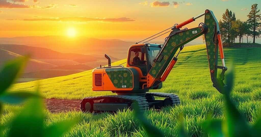 Futuristic excavator surrounded by lush greenery, symbolizing eco-friendly technology and innovation in heavy machinery.