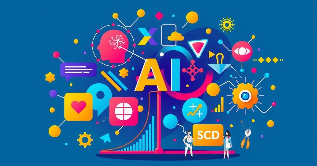 Colorful illustration highlighting AI technology innovations, featuring abstract shapes and elements representing various categories.