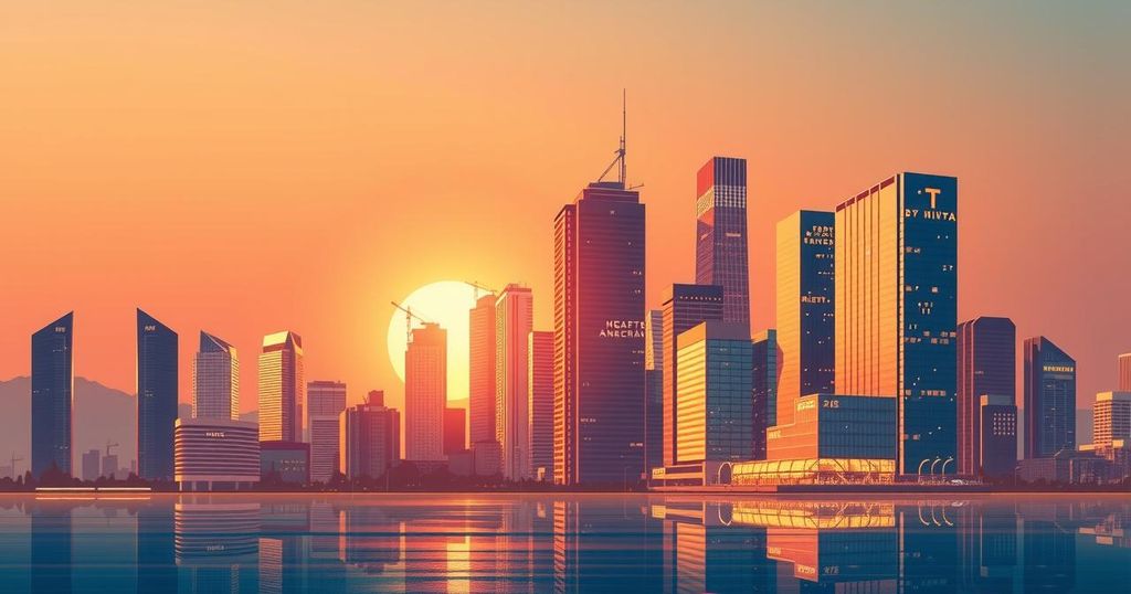 A visionary scene symbolizing entrepreneurship, featuring a vibrant skyline with tech elements and warm sunrise colors.