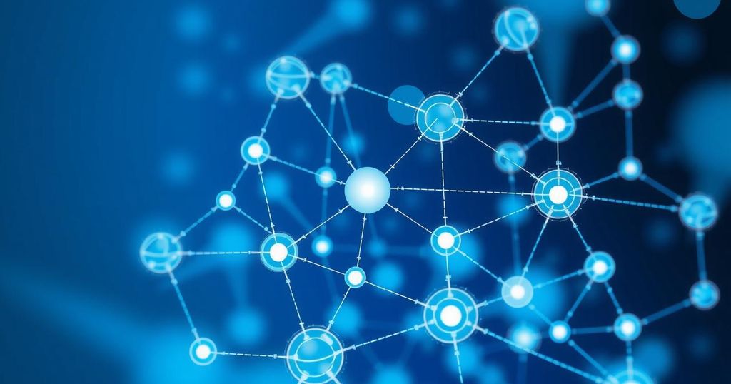 An abstract representation of AI in pharmacovigilance with interconnected nodes and a digital network theme, in blue and white colors.