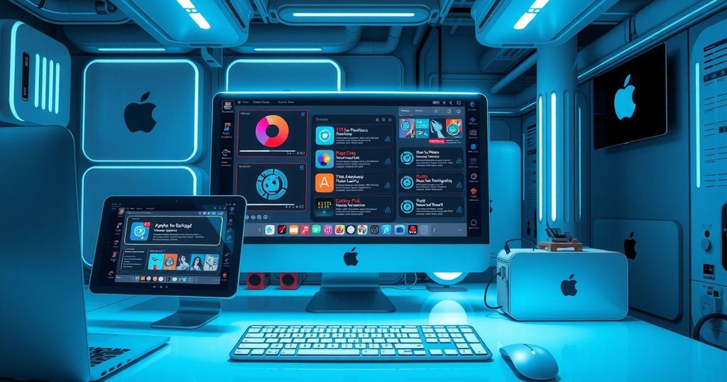 A futuristic workspace showcasing advanced Apple technology with a glowing AI interface and sleek devices.