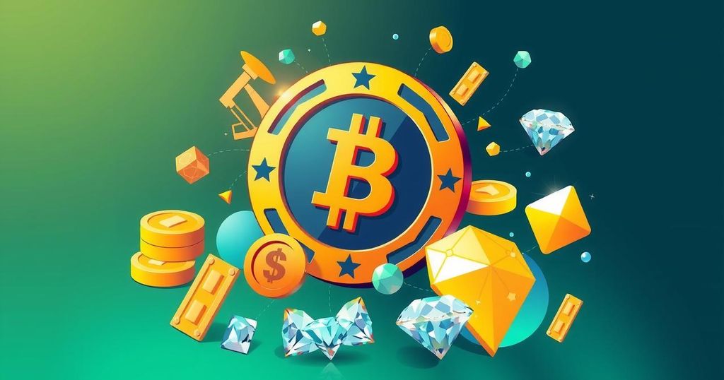 A digital representation of crypto concepts with oil, gold, and diamond elements in a vibrant color scheme.