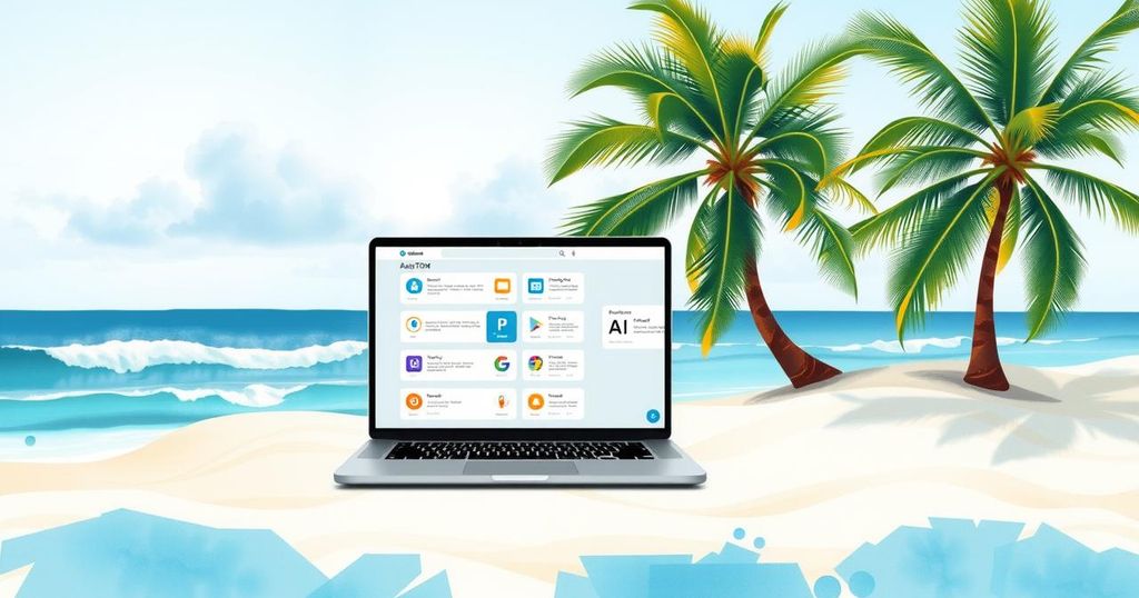 A serene workspace featuring a laptop, beach scene, and AI tools supporting remote workers.