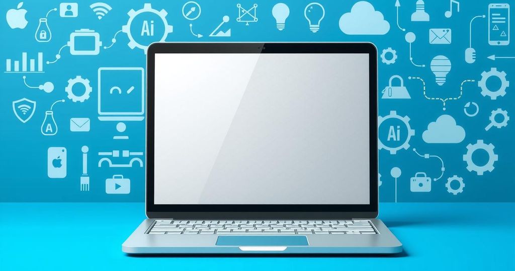A sleek, modern Apple device amidst AI-themed icons illustrating tech evolution and user-centric innovation.