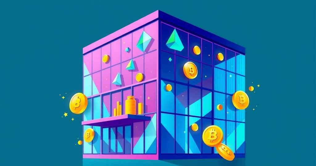 Modern financial building showcasing cryptocurrency integration in housing finance, with digital assets symbolically represented.