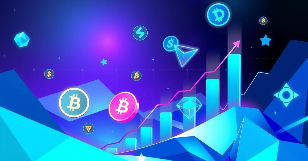 A digital landscape illustrating cryptocurrency growth in the UK with vibrant colors and a modern geometric style.