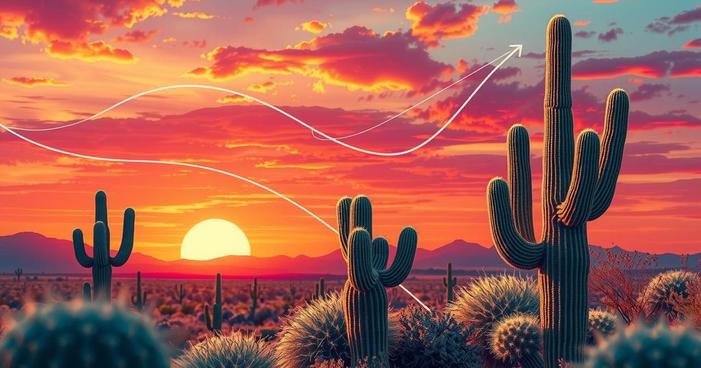 Vibrant desert landscape showcasing innovation, featuring cacti, mountains, and abstract elements symbolizing startup growth.